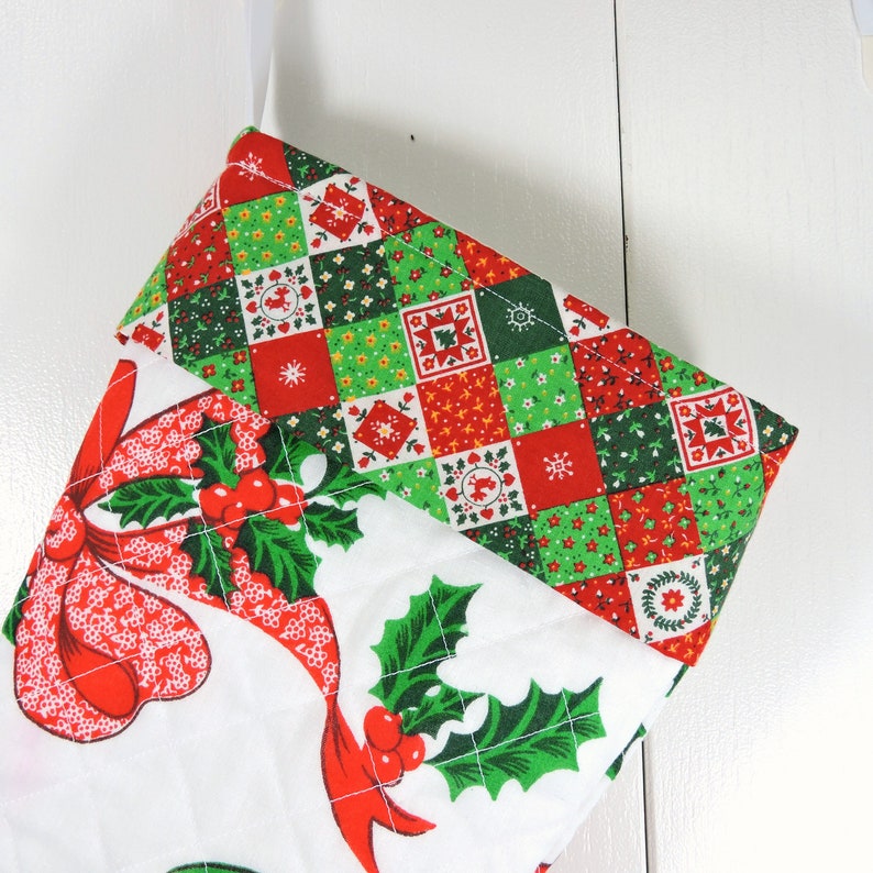 Vintage Tablecloth Chistmas Stocking Upcycled Christmas Tablecloth Stocking Quilted Xmas Stocking