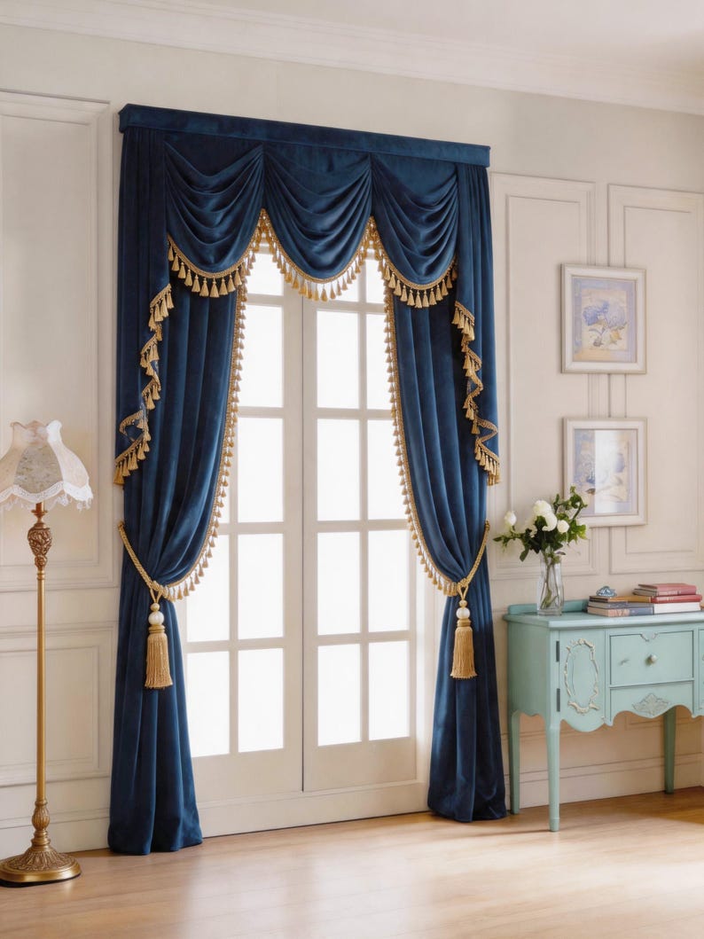 Structured Valance Navy Blue Velvet Curtain With Valance & Curtain Box, Gold Tassels ...