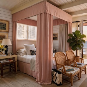 Custom Pink Linen Bed Canopy | Pleated Valance | Curtains | Gift for Daughter | Handcrafted Bedroom Decor