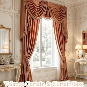 May include: A set of copper-colored curtains featuring a draped valance with gold fringe trim and matching tassels. The curtains are pulled back with tiebacks, revealing a white window frame. Text reads: Valance Curtain & Curtain Box Wemakethemall.
