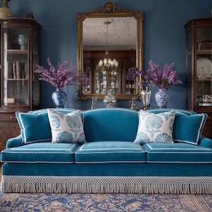 May include: A three-cushion sofa upholstered in deep teal velvet with white piping trim and a long white fringe along the base. The sofa includes two solid teal throw pillows and two white throw pillows featuring a blue floral pattern design.