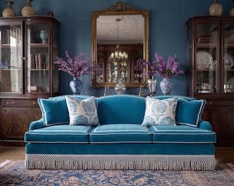 May include: A three-cushion sofa upholstered in deep teal velvet with white piping trim and a long white fringe along the base. The sofa includes two solid teal throw pillows and two white throw pillows featuring a blue floral pattern design.