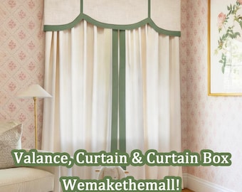 May include: A cream-colored curtain set featuring a structured valance with a scalloped edge and green trim. The curtains hang in vertical folds, accented by a central green vertical band. The text "Valance, Curtain & Curtain Box Wemakethemall!" is visible.