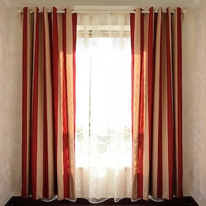 Red curtains, striped curtains, blackout curtains, home decor, designer curtains.