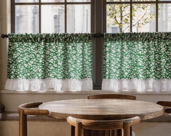 Cortinas verdes con volantes y estampado floral para fregadero de cocina, cortinas estilo café cottagecore, cortinas cortas con bolsillo para barra para ventana