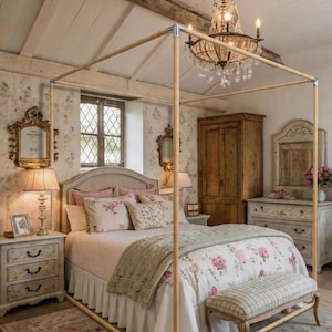 May include: A bedroom featuring a four-poster bed with floral bedding and a patterned rug. The bed has a light-coloured frame and is decorated with pillows and a floral duvet cover. A chandelier hangs above the bed, and a bench sits at the foot.