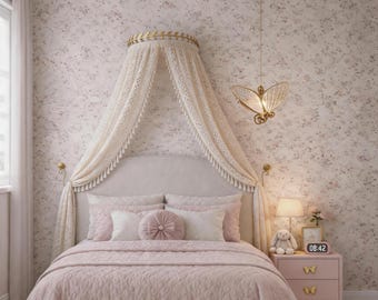Beige Lace Bed Canopy with Golden Olive Crown