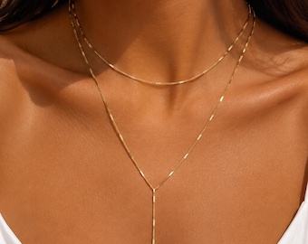 Goldene Lariat-Halskette, zierliche Y-Halskette, mehrreihige Y-Halskette, minimalistische Goldhalskette, lange Anhängerkette, Geschenk für Sie
