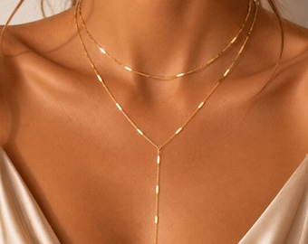 Mehrreihige Y-Halskette, Goldene Lariat-Halskette, Doppelreihige Halskette, Minimalistische Halskette, Brauthalskette, Geschenk für Sie