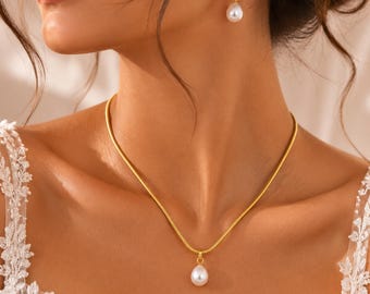 Pärlsmyckeset för brudtärnor, Halsband och örhängen i guld, Droppformade pärlor i bröllop, Gåva till brudtärna