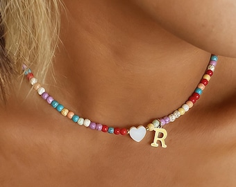 Colorful Beaded Initial Necklace，Personalized Alphabet Necklace，Heart Necklace，Rainbow Seed Bead Necklace，kids beaded necklace