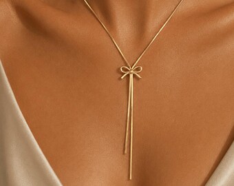 Collar con lazo, conjunto de pendientes con lazo, delicado collar de cinta dorada, elegante collar con lazo, regalo para ella.