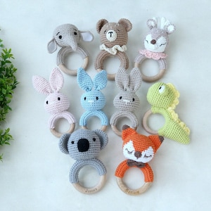 Baby Shower Gift, Personalized Animal Crochet Rattle, Custom Name Wooden Baby Rattle, Crochet Rattle Toy, Newborn Gift