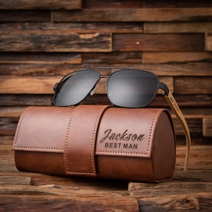 Gepersonaliseerde herenzonnebril met leren tas voor huwelijksfeestcadeaus, cadeaus bruidsjonkers, cadeau getuige, cadeau bruidegom, cadeau vrijgezellenfeest