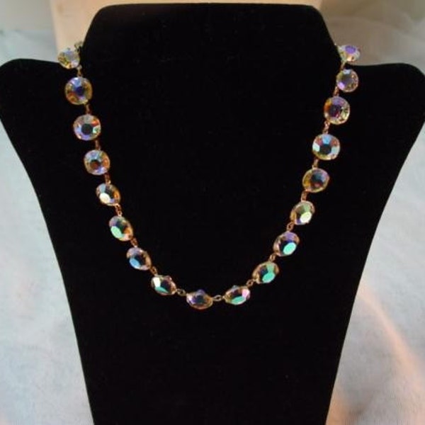 Vintage Czech Necklace, Antique Prong Set Czech Glass Faceted Aurora Borealis Rhinestone Necklace Vintage jewellery