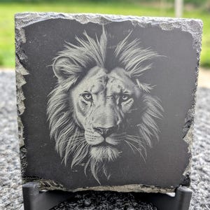 May include: A black slate coaster with a white engraved image of a lion's face. The lion has a thick mane and is looking directly at the viewer.