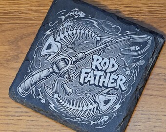 Rod Father™ Engraved Slate Coaster – Funny Fishing Gift for Dad, Angler, or Cabin Decor