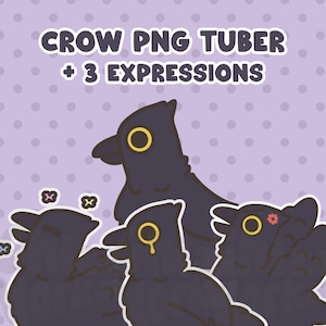 May include: Illustration of four cartoon crows in various poses against a lavender background with white polka dots. The crows are black with yellow eyes. Text at the top reads "CROW PNG TUBER + 3 EXPRESSIONS."