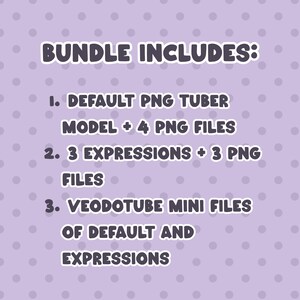 Pu&ograve; includere: Uno sfondo lilla con pois bianchi e testo che recita "BUNDLE INCLUDES:" seguito da un elenco di file digitali: Modello PNG Tuber predefinito, 3 espressioni e file mini Veodotube.