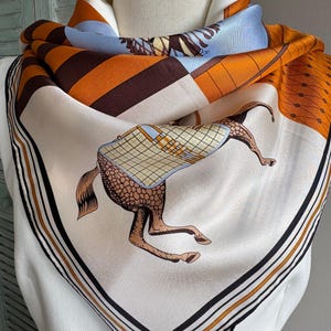 100% Mulberry Silk Twill Scarf, Orange Blue Equestrian Horse Print, Large 35x35" 90x90cm Square Scarf