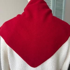 May include: A white knit sweater featuring a prominent, solid red triangular-shaped panel across the upper back and shoulders. The garment has a high neckline and a textured, woven appearance, displayed on a mannequin to show the back view.