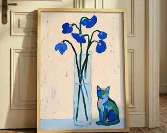 Blue Flower Cat Print – Abstract Botanical Art, Modern Still Life Poster, Minimalist Feline Decor, Aesthetic Room Wall Art, Cat Lover Gift