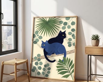 Tropischer Katzen-Print – Schwarz-blaue Katzenkunst, botanische Wanddekoration, originelles Dschungelposter, Geschenkidee für Pflanzenliebhaber, verspielte Katzenillustration