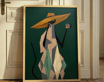 Puede incluir: Una impresión artística enmarcada que presenta una ilustración estilizada de una figura de gato negro con un sombrero de ala ancha y un vestido estampado, sosteniendo una bebida. El fondo es verde oscuro y el marco es de madera clara.