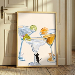 Martini Glasses Cat Print – Preppy Bar Cart Decor, Funny Cocktail Poster, Watercolor Feline Art, Tiny Kittens Print, Kitchen Wall Art