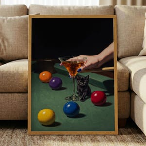 Kunstdruck „Kneipenkatze“ – Retro-Billard-Wandbild, stimmungsvolles Cocktailposter, Deko mit schwarzer Katze, Kunst fürs Spielzimmer, originelles Barwagen-Leinwandbild