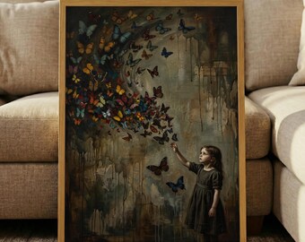 Vintage Moody Butterfly Print – Dark Academia Wall Art, Grunge Fairytale Poster, Antique Oil Painting, Gothic Girl Decor, Magical Art