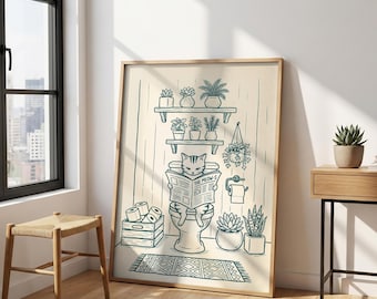 Funny Cat Bathroom Wall Art, Cat on Toilet Reading Newspaper Print, Minimalist Line Drawing Poster, Cute Restroom Decor, Powder Room Canvas