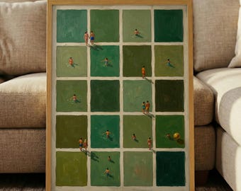 May include: A framed painting featuring a grid of twenty rectangular sections in various shades of green, each depicting small figures swimming or standing in water. The artwork shows individuals in colorful swimwear within a pool-like setting.
