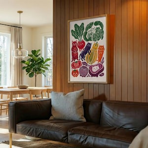 May include: A rectangular wall art print featuring a colorful illustration of various cats integrated with vegetables and fruits, including a red cat, a purple cat, a yellow striped squash cat, and a cat face inside a purple sliced fruit.