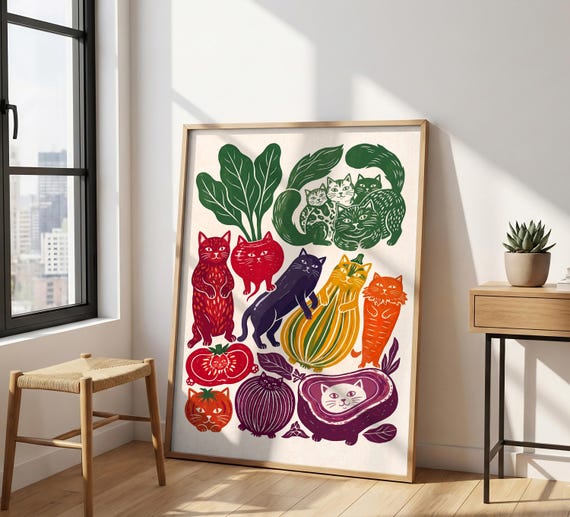 Vegetable Cat Print – Linocut Kitchen Wall Art, Funny Veggie Poster, Quirky Food Illustration, Block Print Decor, Cat Lover Gift