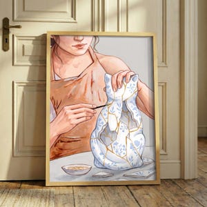 Kintsugi Cat Print – Broken Ceramic Art, Japanese Healing Decor, Cat Lover Gift, Blue Pottery Wall Art, Kintsugi Illustration, Cat Poster