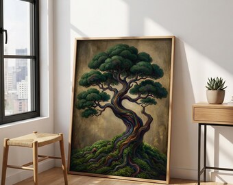 Vintage Moody Enchanted Tree Print – Dark Botanical Art, Textured Forest Poster, Antique Bonsai Decor, Eclectic Nature Painting