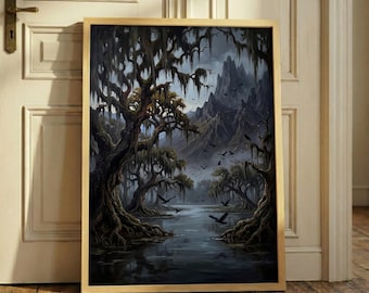 Vintage Moody Swamp Landscape Print – Dark Gothic Wall Art, Spooky Bayou Poster, Raven Bird Art, Dark Academia Decor, Creepy Forest