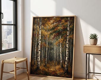 Vintage Moody Birch Tree Print – Autumn Forest Wall Art, Rustic Cabin Decor, Dark Woodland Poster, Fall Landscape Art, Aspen Tree Print