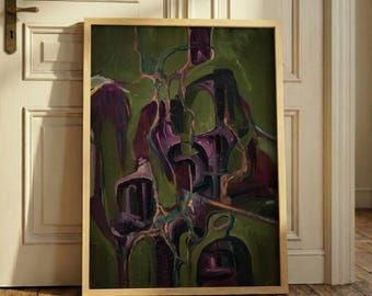 May include: A rectangular framed wall art piece featuring an abstract painting with deep olive green, dark purple, and muted copper tones. The composition displays fluid, organic shapes and layered brushstrokes within a light wood frame.