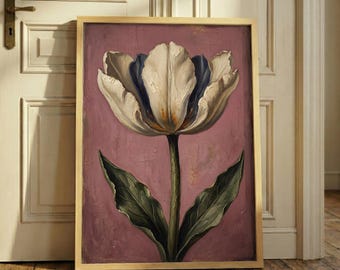Vintage Moody Tulip Print – Dark Floral Wall Art, Dusty Pink Botanical Poster, Antique Flower Painting, Moody Cottagecore Decor, Floral Art