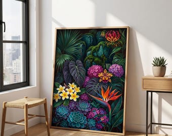Vintage Moody Tropical Botanical Print – Dark Floral Wall Art, Bird Of Paradise Poster, Maximalist Jungle Decor, Moody Plant Art