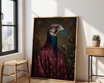 Vintage Moody Bird Portrait – Regal Animal Art, Dark Academia Decor, Eclectic Wall Canvas, Victorian Hawk Poster, Quirky Room Print