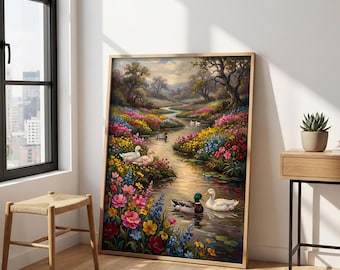 Vintage Moody Duck River Print – Colorful Floral Wall Art, Cottagecore Animal Poster, Botanical Landscape Decor, Country Farmhouse Painting