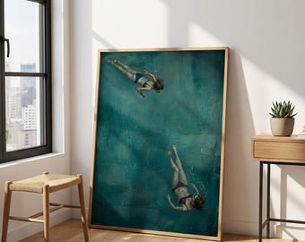 Vintage Moody Underwater Print – Dark Coastal Wall Art, Women Swimming Poster, Deep Ocean Decor, Emerald Pool Art, Moody Bathroom Print