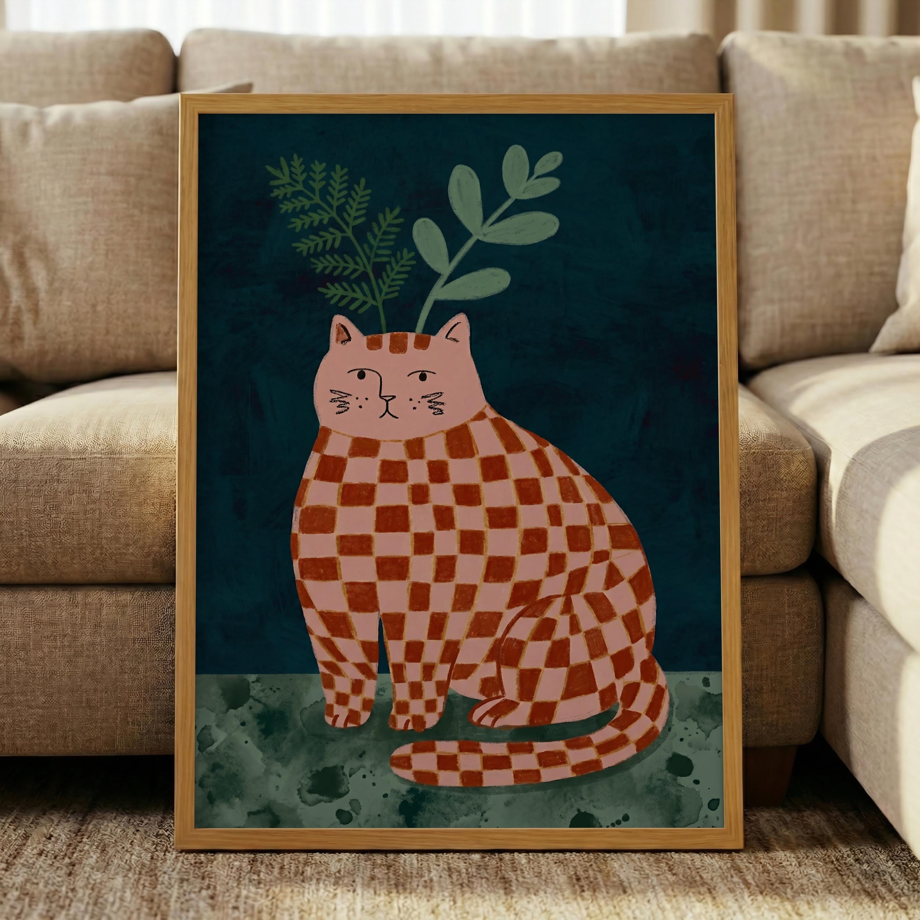 Checked Cat Checkered Cat Art Print – Quirky Botanical Feline Poster, Scandi Modern ...