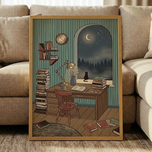 May include: A framed wall art print depicting a study room with a wooden desk, a chair, and stacks of books. A window shows a night scene with a crescent moon, a forest, and a silhouette of a cat. A wall clock and a lamp are also visible.