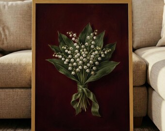 Vintage Moody Lily Of The Valley Print – Dark Red Botanical Art, Gothic Floral Poster, Dark Academia Decor, Victorian Flower Painting