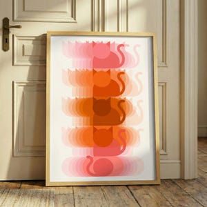 Retro Geometric Cat Print – Mid Century Feline Art, Abstract Orange Pink Poster, 70s Pattern Room Decor, Vintage Inspired Pet Wall Art