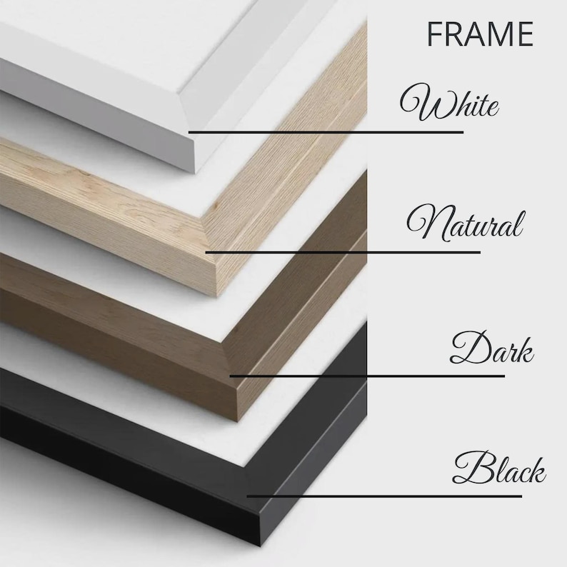 May include: A stack of four rectangular frames shown in a corner view. The frames are labeled with text as White, Natural, Dark, and Black. Each frame has a distinct finish, ranging from a solid white to a light wood grain, a medium brown, and black.
